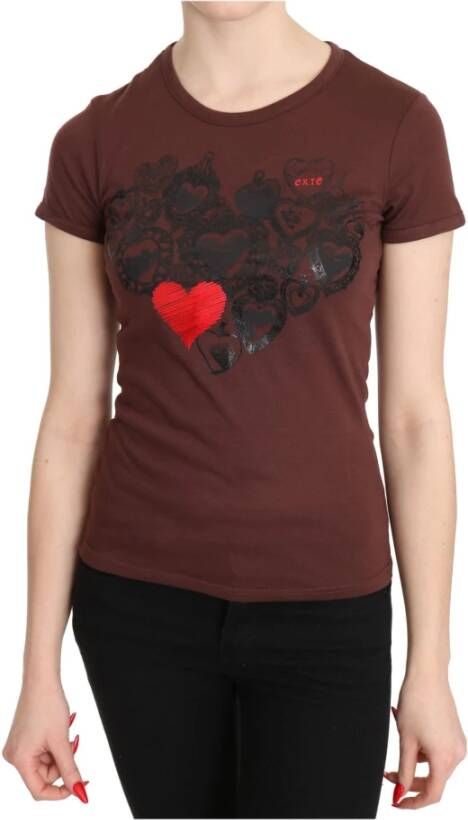D.Exterior Brown Hearts Printed Round Neck T-shirt Top Bruin Dames