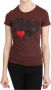 D.Exterior Brown Hearts Printed Round Neck T-shirt Top Bruin Dames - Thumbnail 1