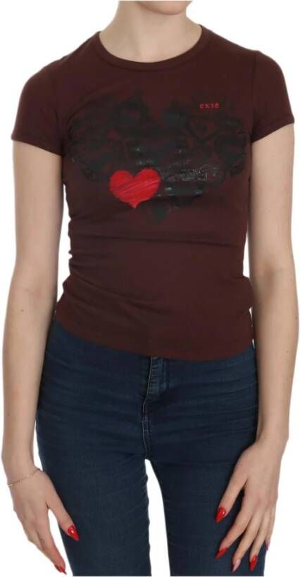 D.Exterior Brown Hearts Short Sleeve Casual T-shirt Top Bruin Dames