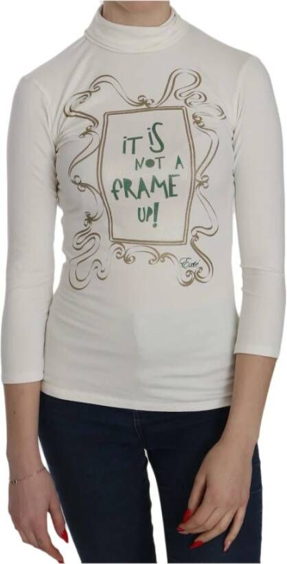D.Exterior White Printed Turtle Neck 3 4 Sleeve Top Cotton Blouse Wit Dames