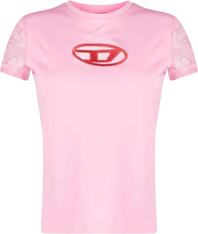 Diesel Bloemen kanten applicatie crew-neck T-shirt Roze Dames