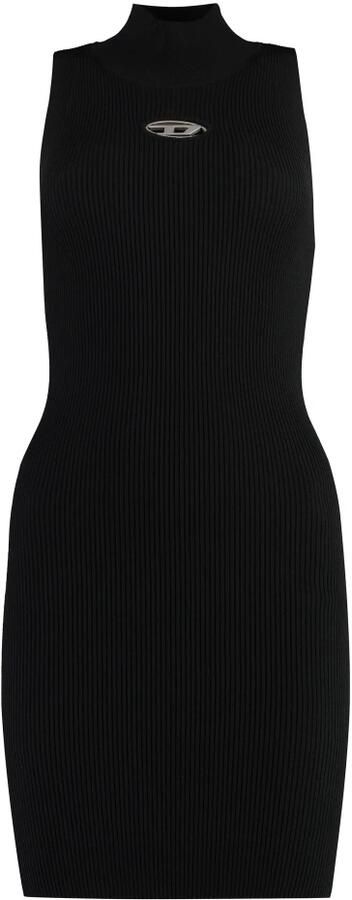 Diesel Zwarte Geribbelde Gebreide Jurk met Metalen Ovaal D Plaque Black Dames