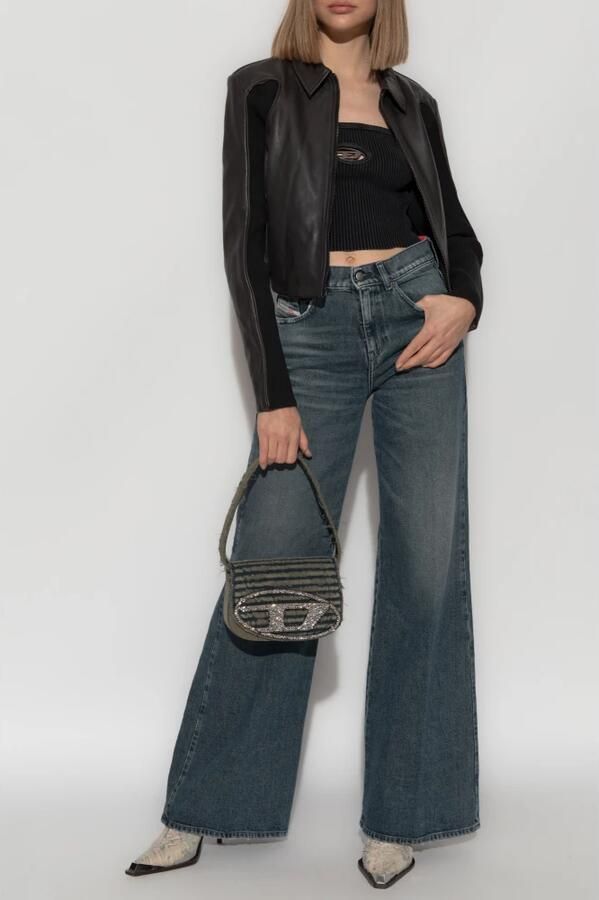 Diesel Geribbeld Bandeau Top met Metalen Logo Plaque Black Dames - Foto 11