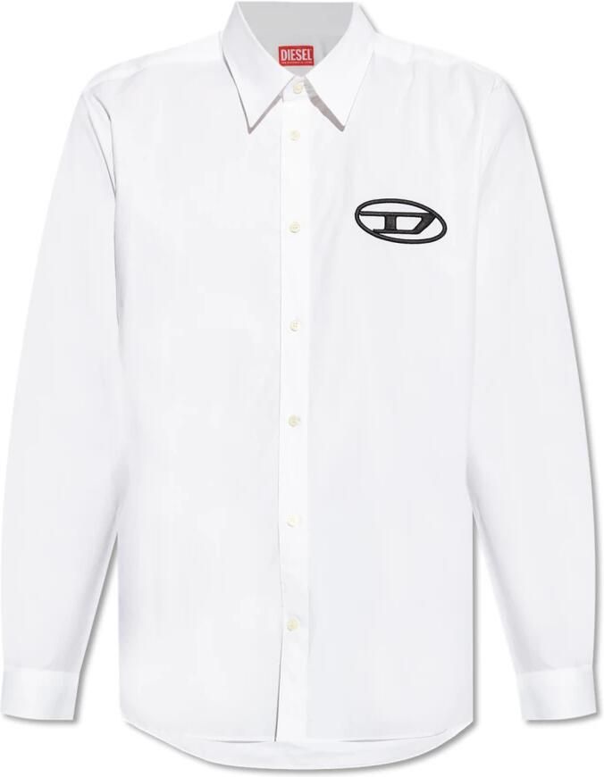 Diesel Witte Lange Mouwen Poplin Shirt met Geborduurd Logo White Heren