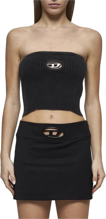 Diesel Geribbeld Bandeau Top met Metalen Logo Plaque Black Dames - Foto 16
