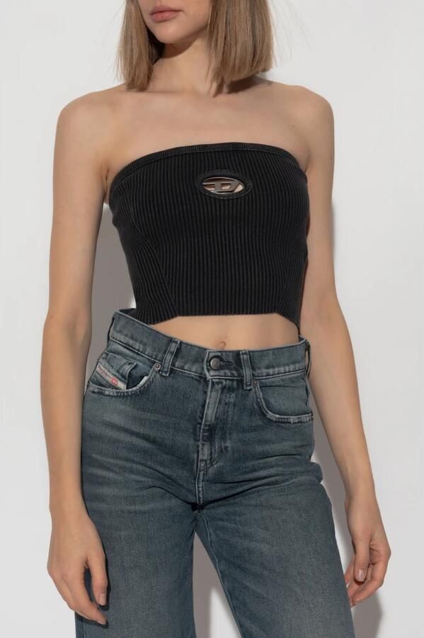 Diesel Geribbeld Bandeau Top met Metalen Logo Plaque Black Dames - Foto 12