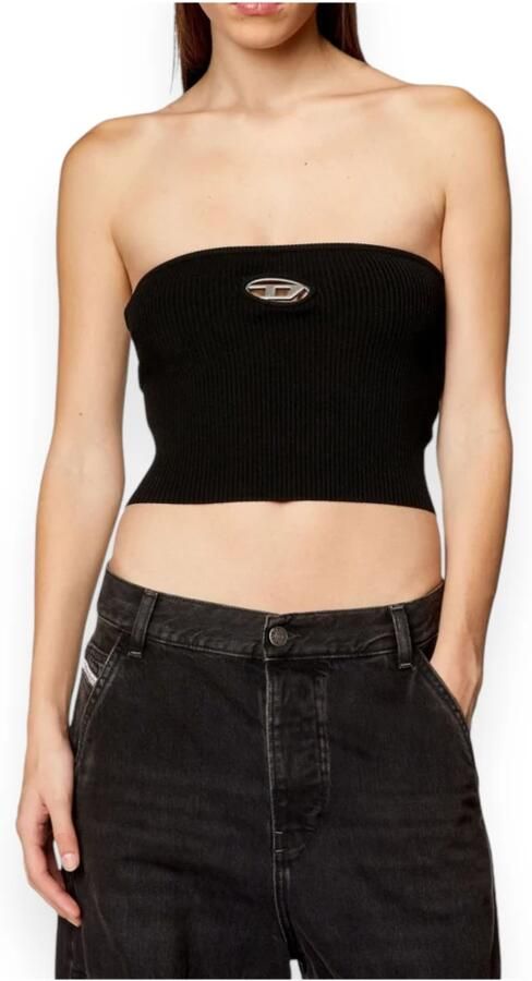 Diesel Geribbeld Bandeau Top met Metalen Logo Plaque Black Dames - Foto 15