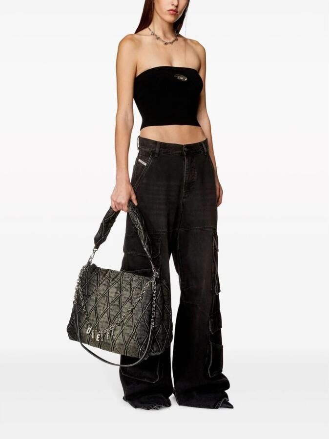 Diesel Geribbeld Bandeau Top met Metalen Logo Plaque Black Dames - Foto 6