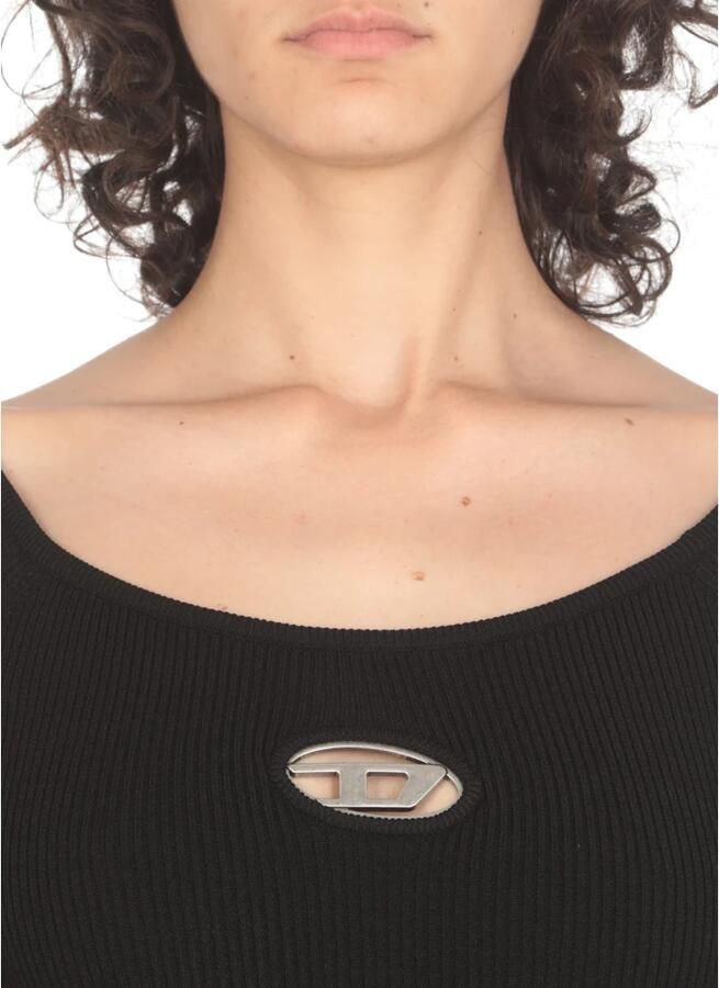 Diesel Zwarte Geribbelde Jurk met Metalen Logo Black Dames