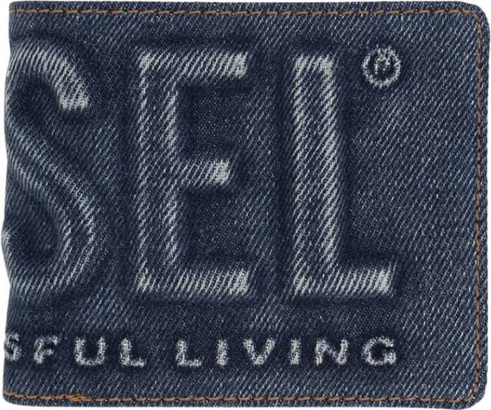 Diesel Bi-fold portemonnee in denim met logo-print Blue Heren