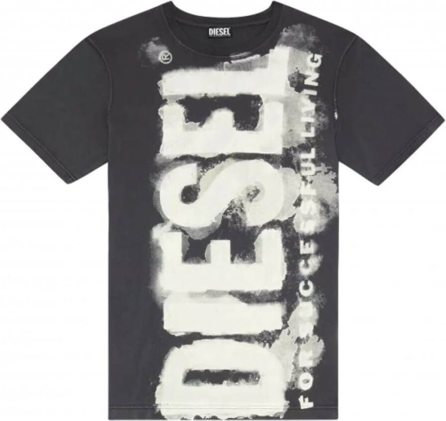 Diesel Klassieke Gewassen Grijze Tee met Opvallende Beige Verticale Print Zwart Heren