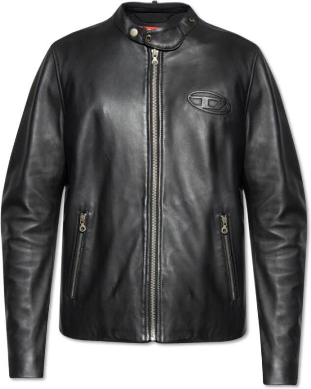 Diesel Leather biker jacket with distressed logo Black Heren