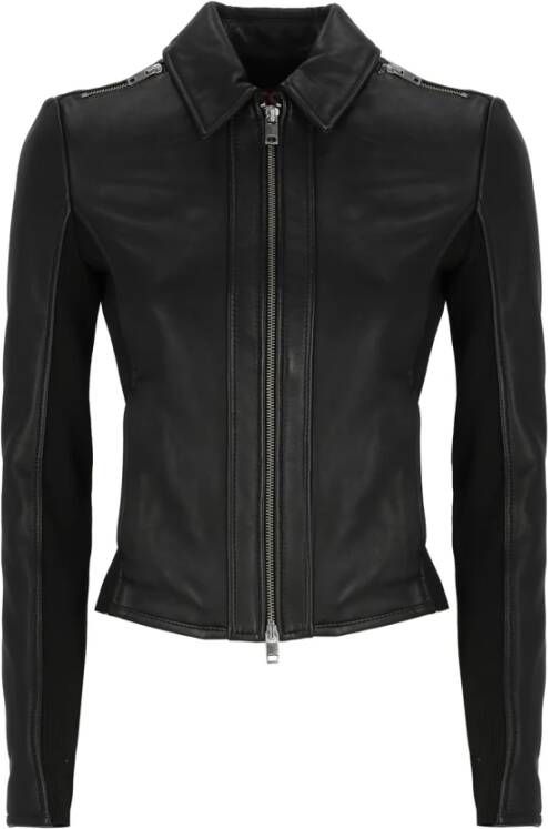 Diesel Leather biker jacket with rib panels Black Dames
