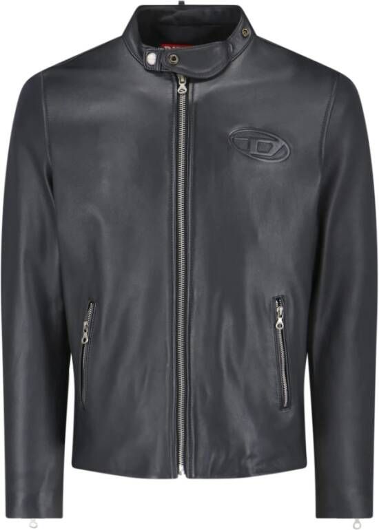 Diesel Leather biker jacket with distressed logo Black Heren