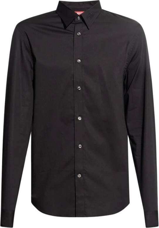 Diesel Micro-twill shirt with tonal embroidery Black Heren