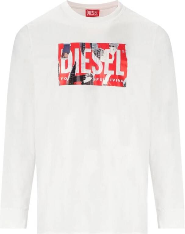 Diesel Wit T-Shirt met Logo Print Lange Mouwen White Heren