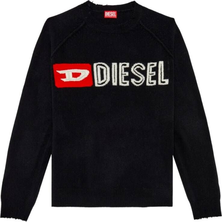 Diesel Zwarte Wollen Trui met Handgesneden Logo Detail Black Heren