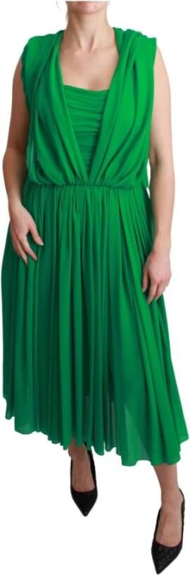 Dolce & Gabbana 100% Silk Green Sleeveless Pleated Maxi Dress Groen Dames