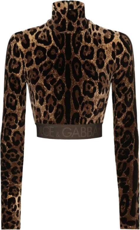 Dolce & Gabbana Animal Print Hoge Hals Crop Shirt Bruin Dames