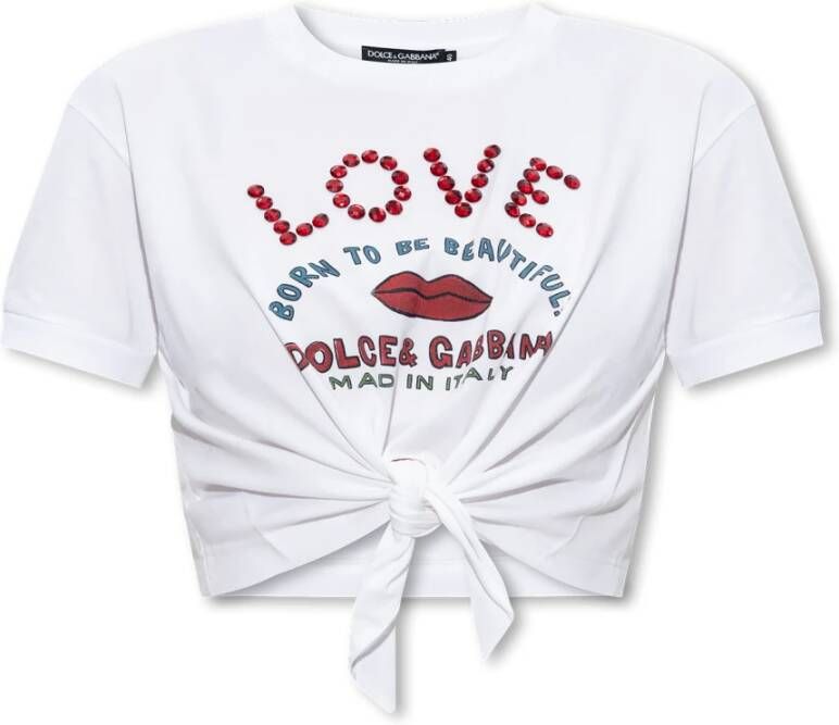 Dolce & Gabbana Cruise Logo-Print Waist-Tie T-Shirt White Dames