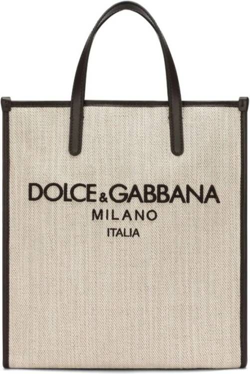 Dolce & Gabbana Beige Canvas Tote Tas met Logo Print Beige