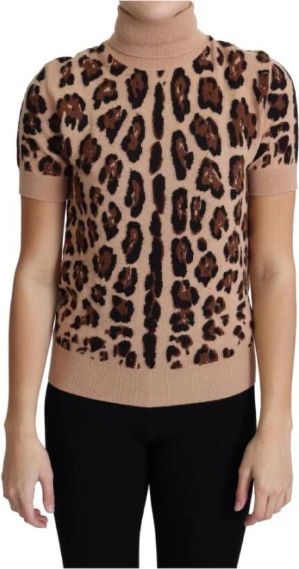 Dolce & Gabbana Beige Leopard Print Virgin Wool Turtleneck Top Beige Dames