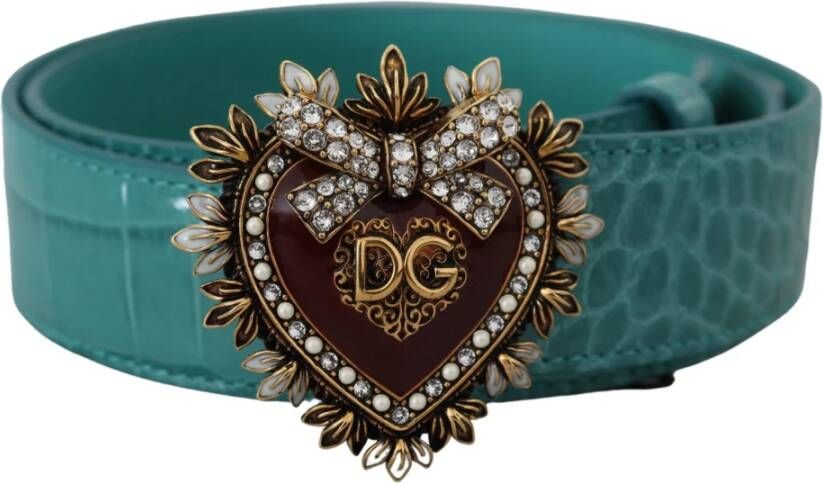 Dolce & Gabbana Blauwe Leren Gouden Devotion Hart Gesp Riem Blue Dames