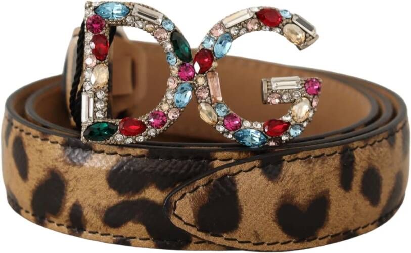 Dolce & Gabbana Luipaard Leren Kristallen Gesp Riem Brown Dames