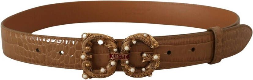Dolce & Gabbana Bruin Krokodil Patroon Leren Logo Amore Riem Brown Dames