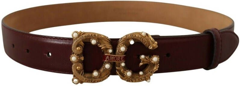 Dolce & Gabbana Bordeaux Leather Brass Logo Buckle Baroque Amore Belt Rood Unisex