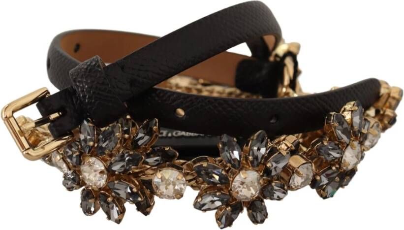 Dolce & Gabbana Black Daisy Crystal Dauphine Texture Belt Zwart Dames