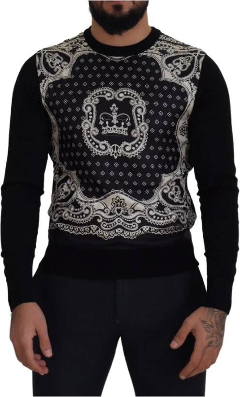 Dolce & Gabbana Black Bandana Crewneck Pullover Sweater Zwart Heren