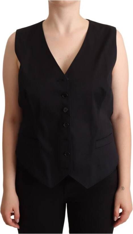 Dolce & Gabbana Black Button Down Sleeveless Vest Waiscoat Top Zwart Dames