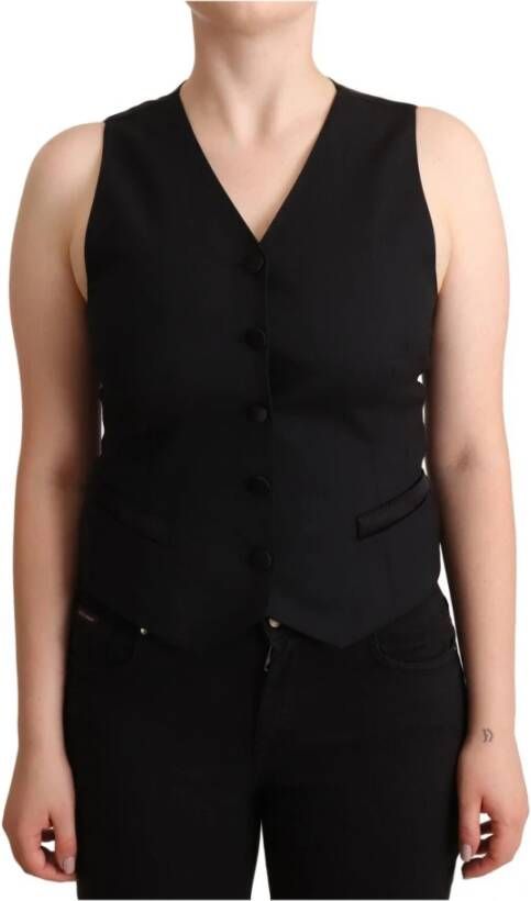 Dolce & Gabbana Black Button Down Sleeveless Viscose Vest Top Zwart Dames