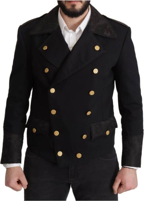 Dolce & Gabbana Black Button Embellished Cotton Blend Jacket Zwart Heren