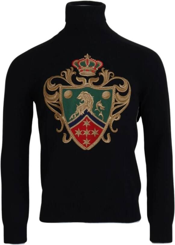 Dolce & Gabbana Black Cashmere Crown Turtleneck Sweater Zwart Heren