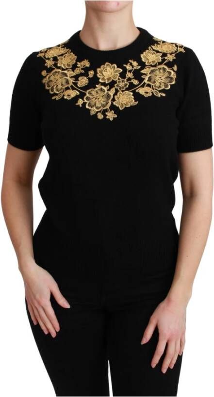Dolce & Gabbana Black Cashmere Gold Floral Sweater Top Zwart Dames