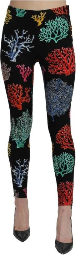 Dolce & Gabbana Black Coral Tights Silk Stretch Slim Fit Pants Zwart Dames