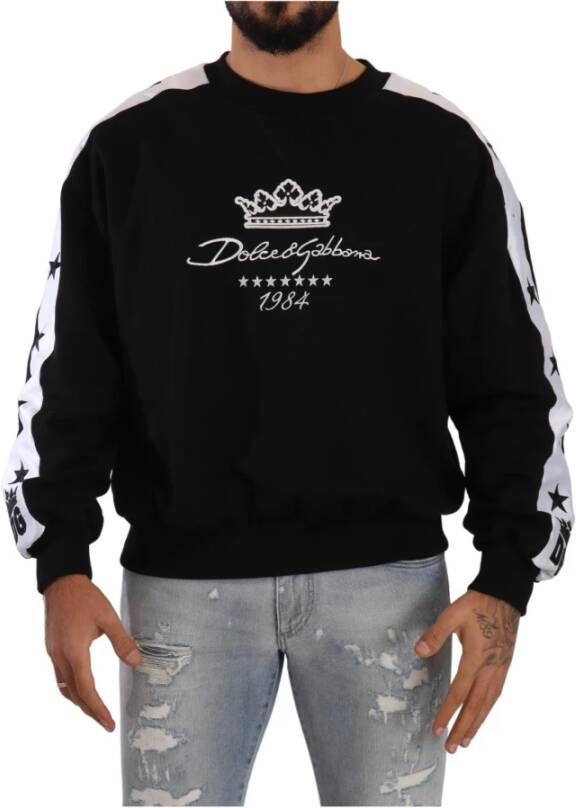 Dolce & Gabbana Black Cotton Crewneck Crown 1984 Stars Pullover Black Zwart Unisex
