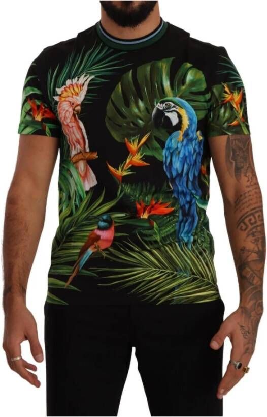 Dolce & Gabbana Black Cotton Jungle Print Crewneck Top T-shirt Zwart Heren