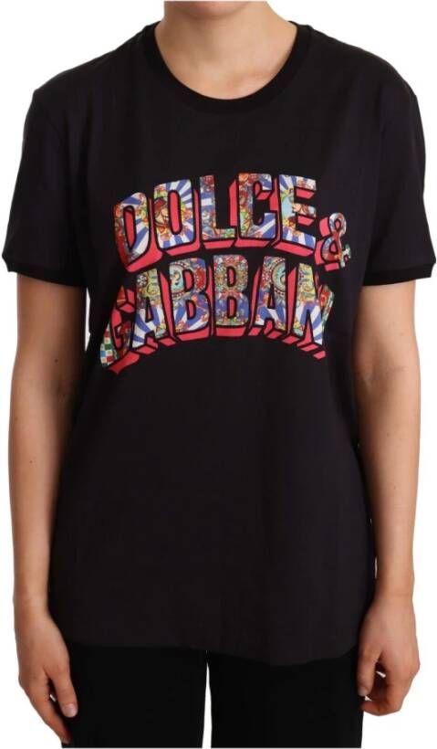 Dolce & Gabbana Black Cotton Large Print Top Crewneck T-shirt Zwart Dames