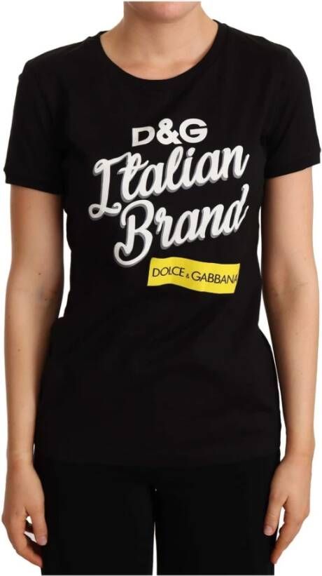 Dolce & Gabbana Black Cotton Logo Italian Brand Print T-shirt Zwart Dames