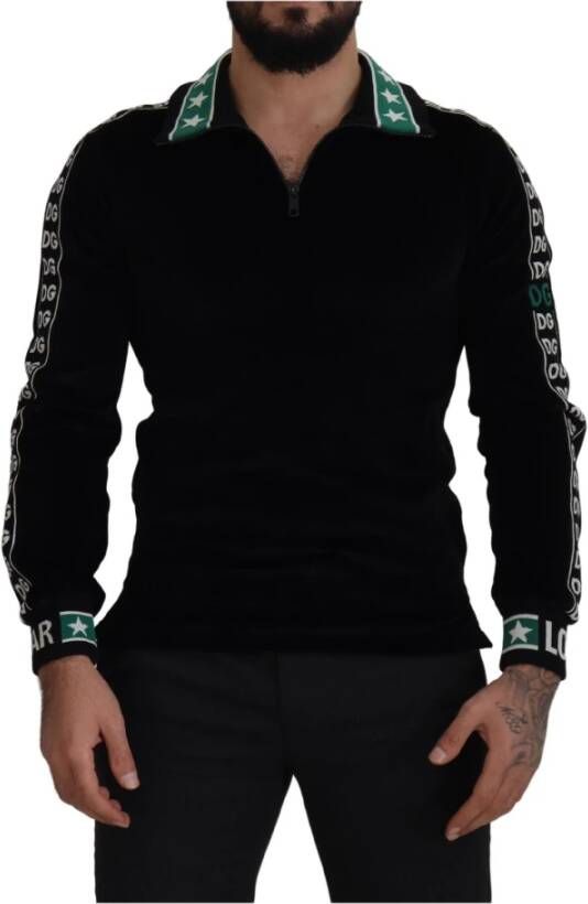Dolce & Gabbana Black Cotton Velvet DG Sweatshirt Sweater Zwart Heren