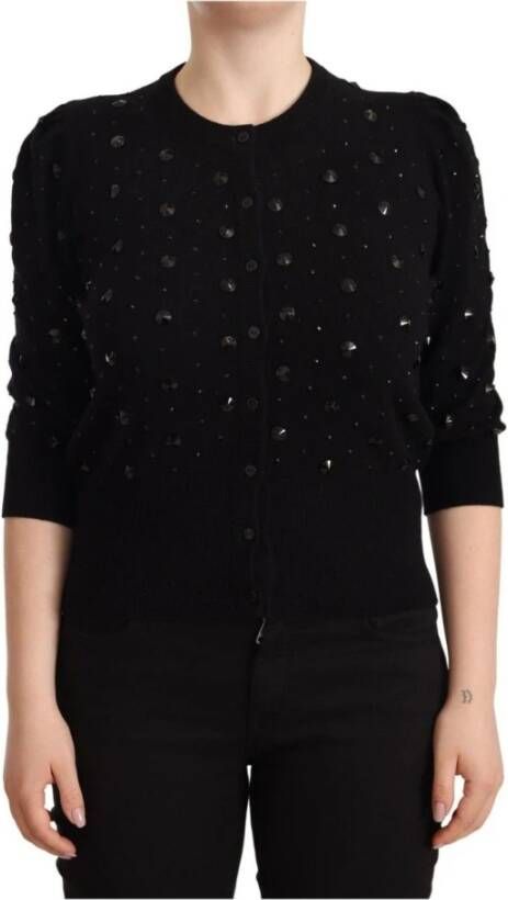 Dolce & Gabbana Black Crystal Cardigan Short Sleeve Sweater Zwart Dames
