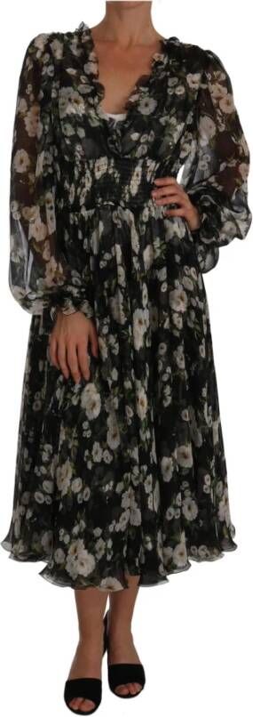 Dolce & Gabbana Black Daisy Floral Silk Shift A-Line Dress Zwart Dames
