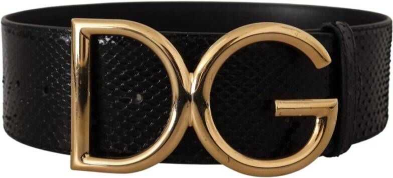Dolce & Gabbana Black Exotic Leather Gold DG Buckle Wide Belt Zwart Dames