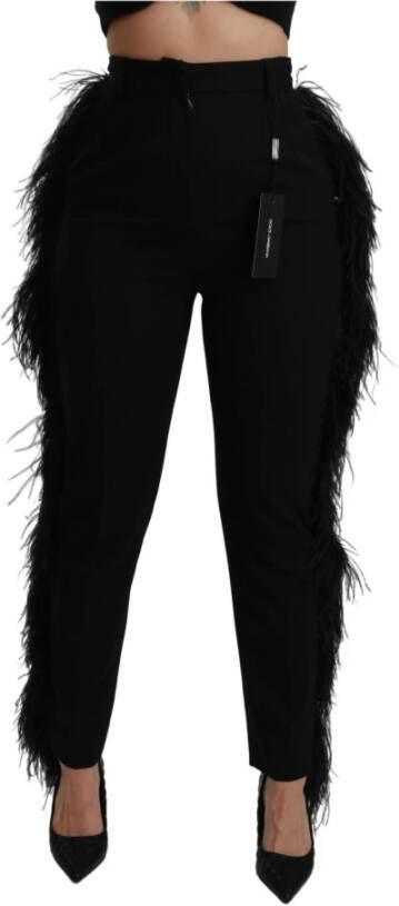 Dolce & Gabbana Black Feather Straight High Waist Wool Pants Zwart Dames