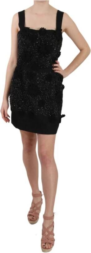 Dolce & Gabbana Black Floral Crystal Brocade Shift Dress Zwart Dames