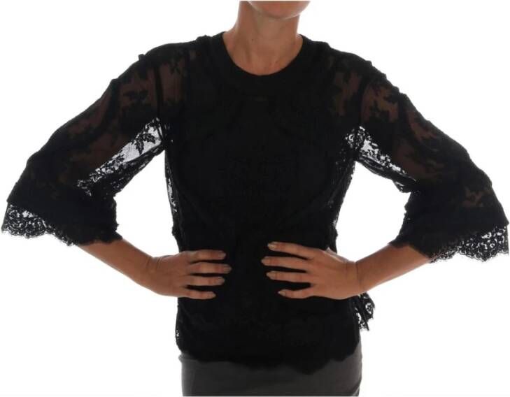 Dolce & Gabbana Black Floral Lace Cutout Silk Top Zwart Dames