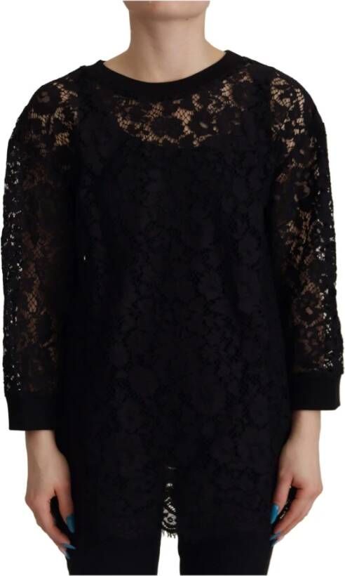 Dolce & Gabbana Black Floral Lace Pullover Sicily Blouse Zwart Dames